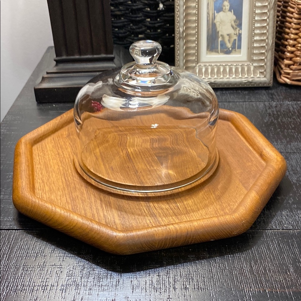 Vintage 1970’s LARGE Good Wood Teak Cheese Board With Glass Dome Cloche!